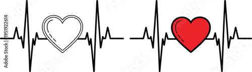 Heartbeat Pulse Line Vector Icon Set With Red Heart Symbol For Cardiology Medical Monitoring Health Care Fitness EKG And Life