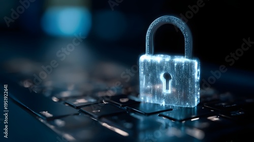 Digital padlock glowing on a keyboard suggests cybersecurity and data protection in the modern era of technology