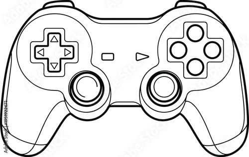 Black and white line art illustration of a video game controller, isolated on white background, perfect for gaming and coloring.