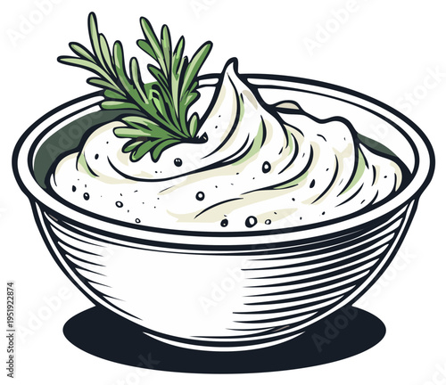 Creamy dip in a ceramic bowl garnished with fresh green herbs against a white background illustration.