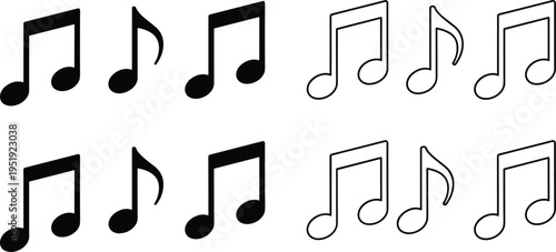 Vector set of black solid and outline music note icons isolated on white background for musical notation and sound design