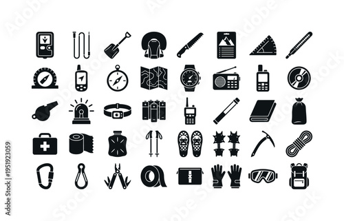 Avalanche safety gear including avalanche transceiver beacon, avalanche probe pole, avalanche shovel blade, avalanche airbag