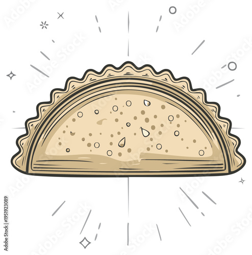 Drawn illustration of an empanada with radiating lines.