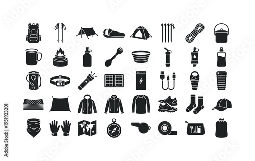 Ultralight backpacking gear including ultralight backpack, trekking poles pair, tarp shelter, bivy sack, ultralight tent, tent