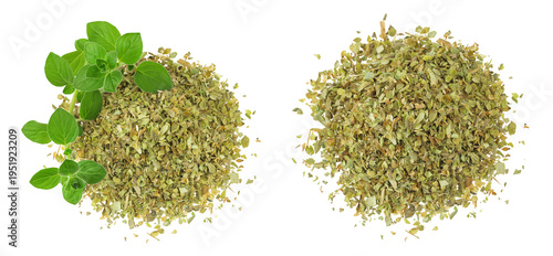 Oregano or marjoram leaves fresh and dry isolated on white background. Top view. Flat lay.