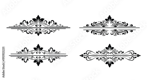 This image displays four ornate symmetrical black decorative dividers or flourishes suitable for design elements high quality professional detailed