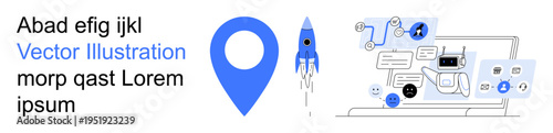 Navigation apps, digital communication, online search, technology, business services, innovation. Blue map pin, rocket speech bubbles connecting on a digital screen. Navigation apps and digital
