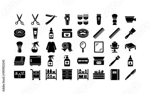 Barbershop grooming tools including barber scissors, thinning scissors, straight razor tool, electric hair clipper, clipper guard