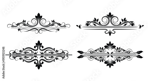 A collection of four ornate black filigree dividers and flourishes presented on a stark white background high quality professional
