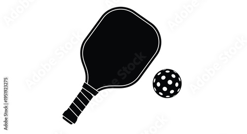 A stark black and white illustration depicts a pickleball paddle and ball representing the popular racquet sport s equipment high quality professional