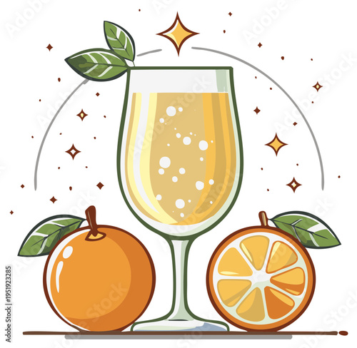 Refreshing Orange Juice in a Tall Glass Surrounded by Fresh Oranges and Sparkles