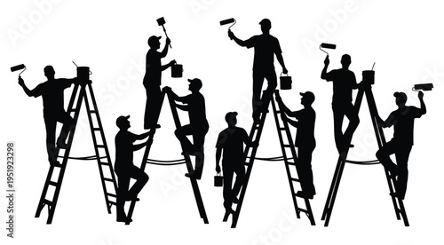 Silhouette of multiple workers painting with rollers on ladders