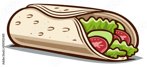 Delicious cartoon style burrito with lettuce and tomatoes ready to eat