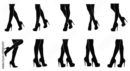 A collection of black silhouette images displaying female legs in various poses and high heeled shoes high quality professional detailed