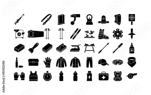 Biathlon competition equipment including biathlon rifle, rifle sling strap, rifle magazine clip, rifle bolt handle, rifle front