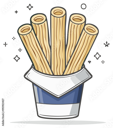 Illustration of crunchy churros served in a blue and white paper cup with decorative sparkles