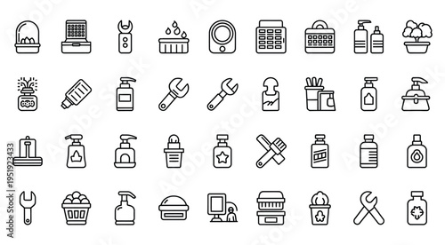 Collection of various household and personal care icons in simple line art style