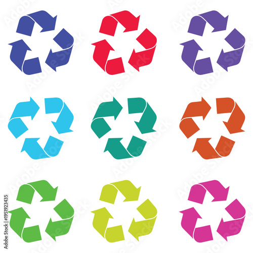 A collection of colorful recycling symbols arranged in a grid pattern on a white background