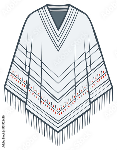 Illustration of poncho with fringe and geometric pattern for fashion design