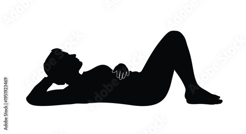 A striking black silhouette depicts a woman reclining peacefully her hand gently supporting her head in repose high quality