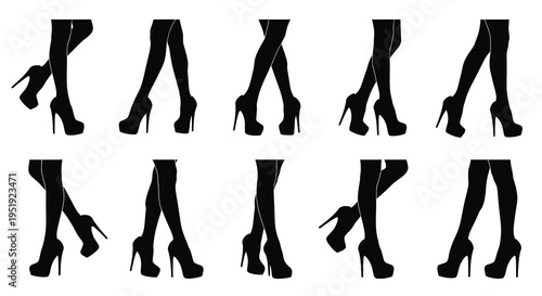 A collection of silhouetted female legs wearing various styles of high heeled shoes showcasing different poses high quality professional detailed