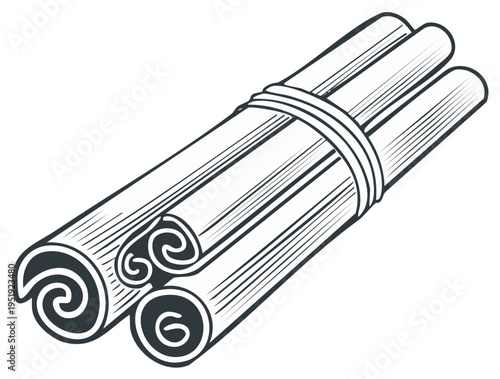 Stylized bundle of rolled cinnamon sticks with tied string in black and white