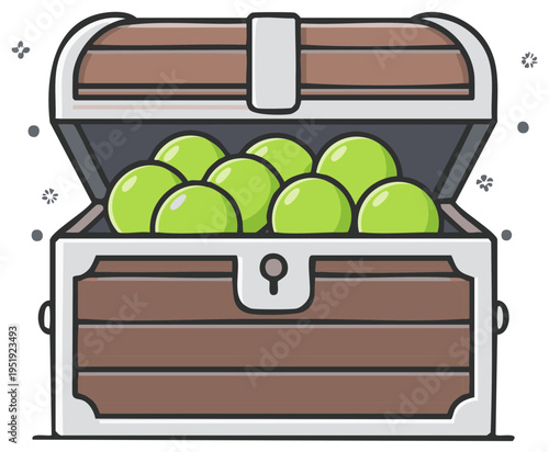 Open treasure chest filled with valuable glowing lime green spheres illustration