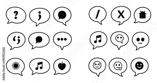 A collection of 16 black and white speech bubbles with various emoticon and punctuation symbols
