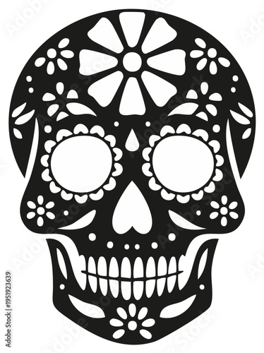 Black and white sugar skull illustration, Day of the Dead graphic design.