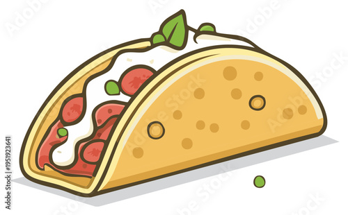 Cartoon taco with fresh ingredients and toppings on a white background
