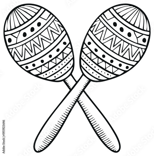 Decorative Crossed Maracas with Folk Patterns in Outline Style