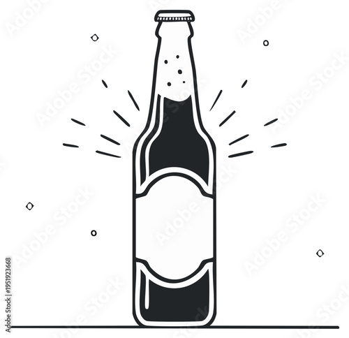 Outline of a beer bottle with bubbles and light beams isolated on white.