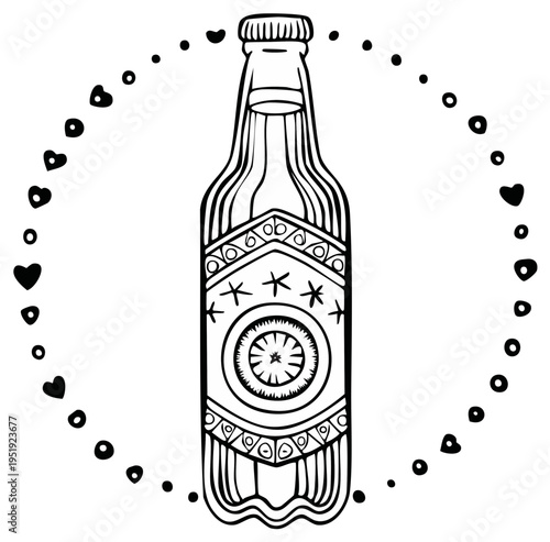 Decorative hand-drawn beer bottle with a whimsical design in a frame of hearts and dots.