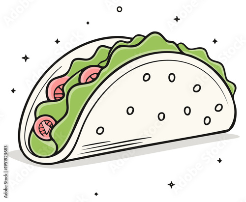 Delicious Taco Filled with Fresh Green Lettuce and Juicy Red Tomatoes ready to be devoured in this stylized vector illustration