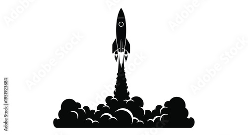 A stark black silhouette of a rocket launching upwards with a trail of smoke and fire below high quality