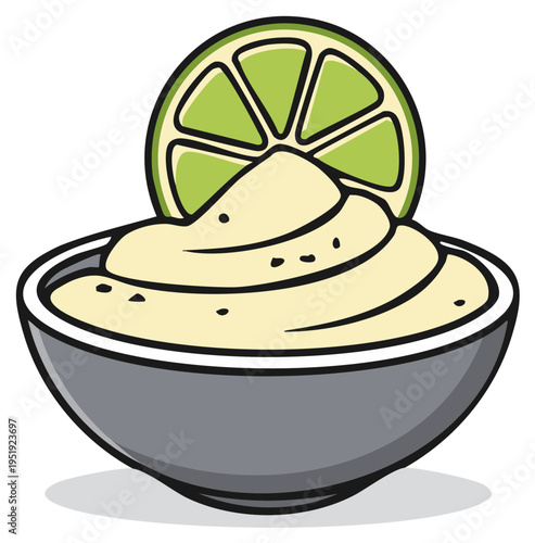 Cartoon Lime and Dip in Bowl. Food illustration of a refreshing dip and citrus fruit.
