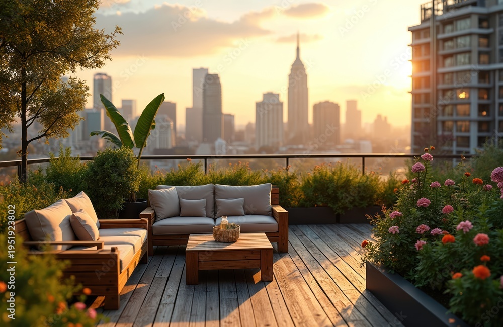 Naklejka premium Rooftop terrace furniture with rich plants offers calm urban oasis view. Cityscape sunset glow illuminates wooden deck, blooming flowers, and modern buildings.