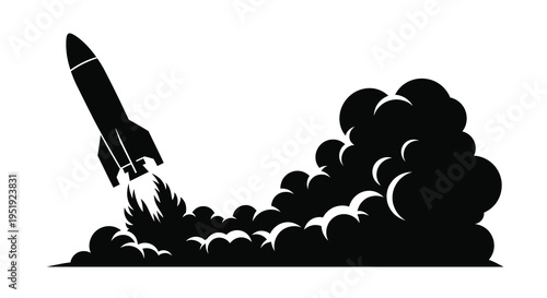 A sleek black rocket ascends rapidly amidst billowing smoke and fiery exhaust symbolizing space exploration high quality professional detailed