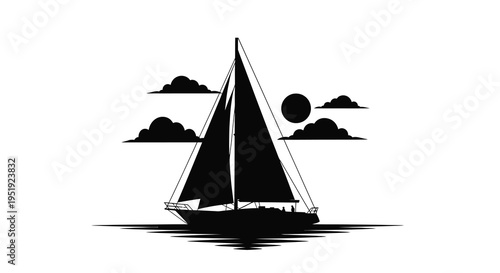 A minimalist black silhouette of a sailboat gracefully glides across calm waters under a cloudy sky with a dark sun