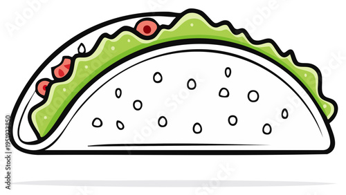 Single Taco Vector Illustration - Filled with Green Guacamole, Red Tomatoes, and Crispy Shell