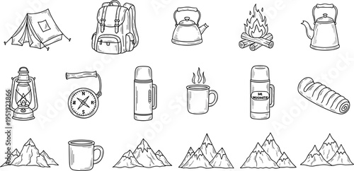 Hand-drawn camping and hiking essentials collection with mountains and campfire