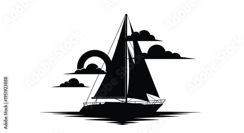 A striking black silhouette of a sailboat glides across dark water beneath stylized clouds and a sun high quality