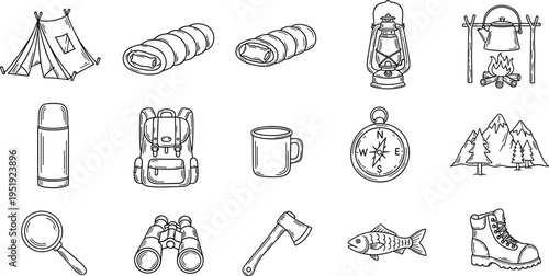 Collection of hand-drawn outdoor adventure and camping equipment icons