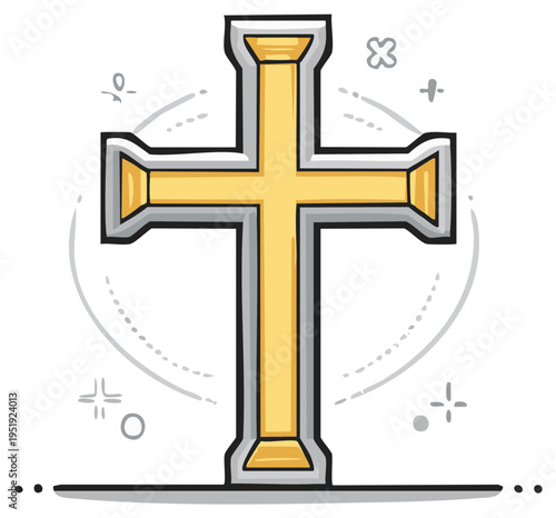 Stylized golden Christian cross symbol with geometric shapes and embellishments for faith or decoration
