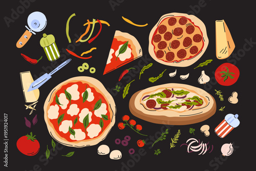 Delicious italian pizza set. Whole and pieces of pepperoni, Margherita, salami pizza and various ingredients. Hand drawn vector illustration collection.