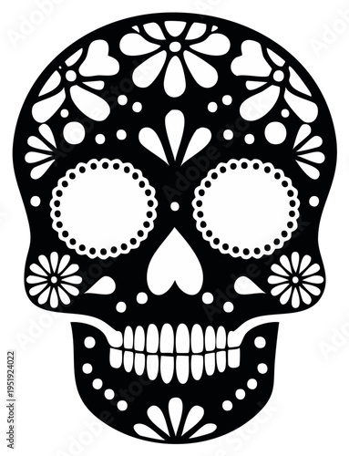 Decorative Black and White Sugar Skull Illustration with Floral Patterns
