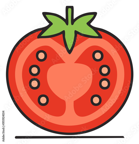 Vibrant cut tomato illustration showcasing seeds and interior texture against clean isolated background