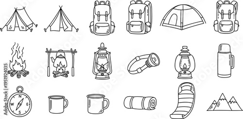 Collection of hand-drawn camping and hiking equipment icons in a simple line art style