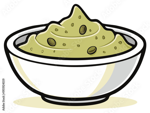 Green hummus dip vector art in white ceramic bowl illustration with pumpkin seeds for design elements