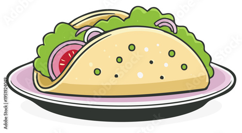 Freshly made taco filled with lettuce tomato and onion served on a plate